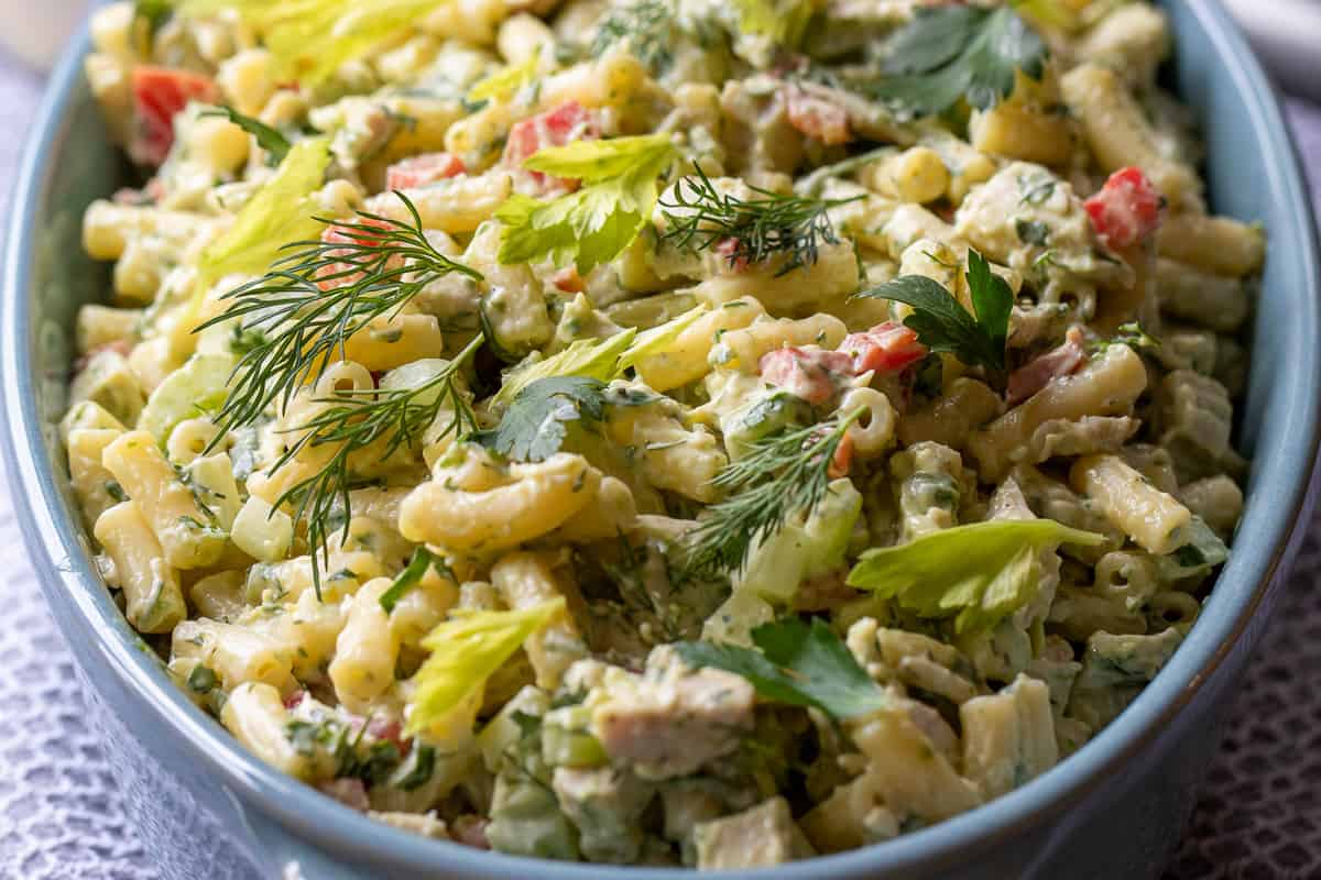 chicken macaroni salad served in a bowl
