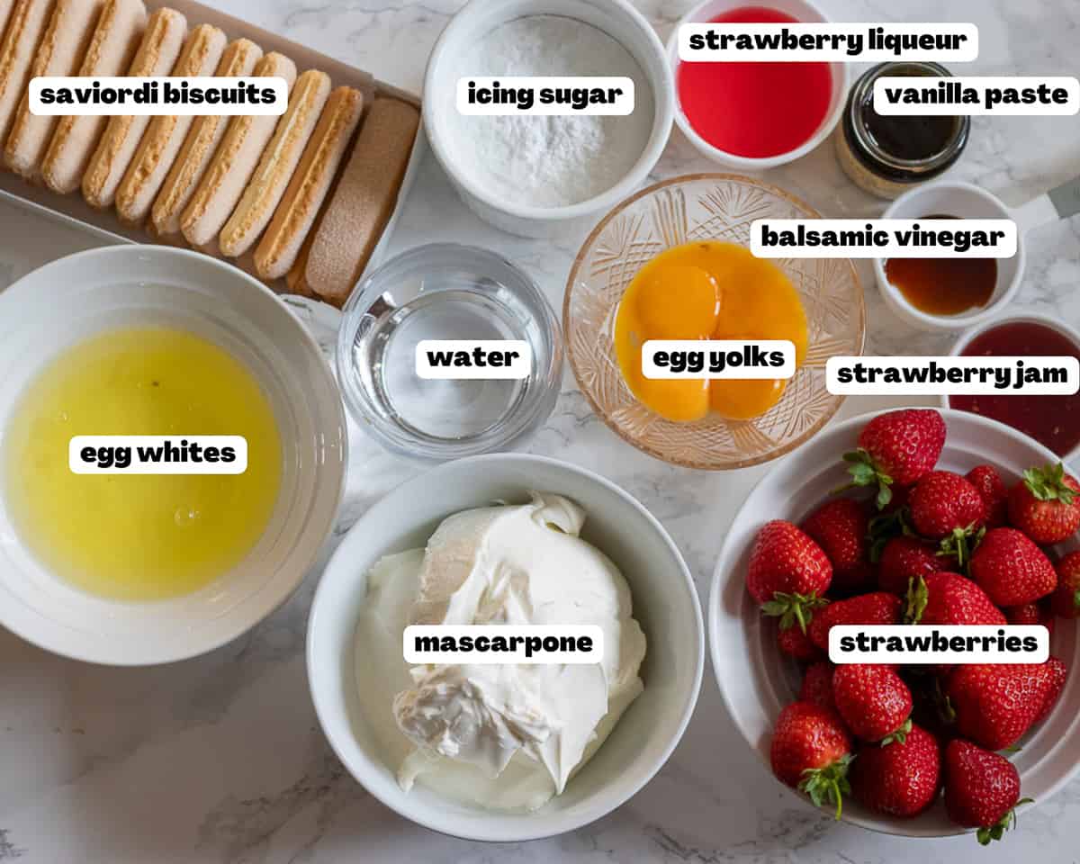 labelled picture of ingredients for strawberry tiramisu