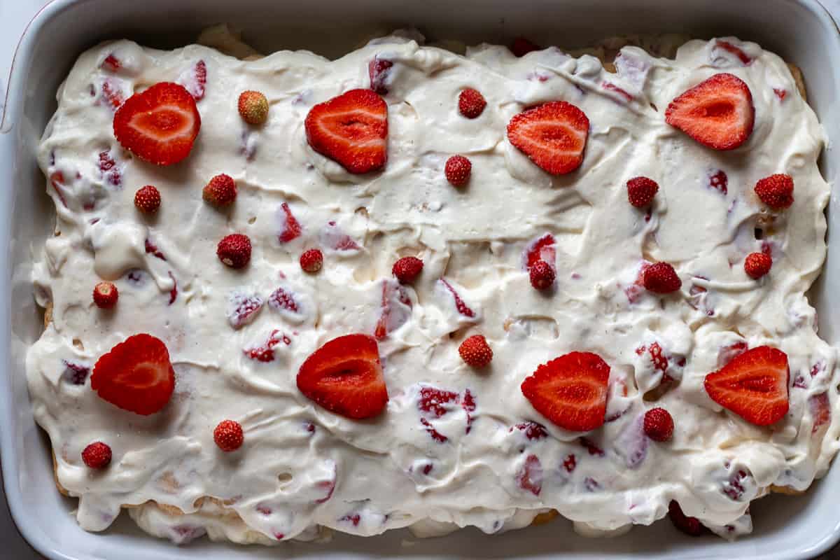 no bake strawberry tiramisu decorated with strawberry pieces and wild strawberries