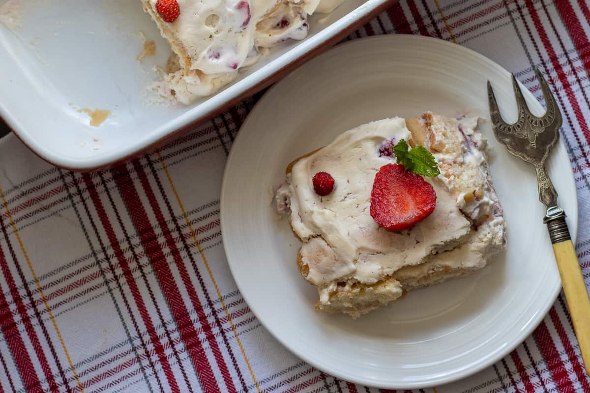 a slice of easy no bake strawberry tiramisu dessert