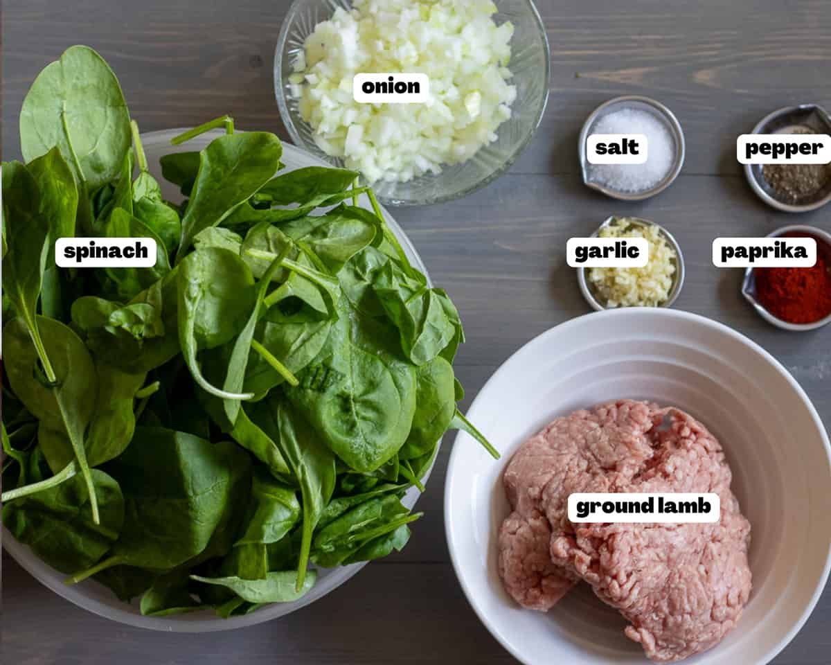 labelled picture for ingredients for spinach filling for fatayer