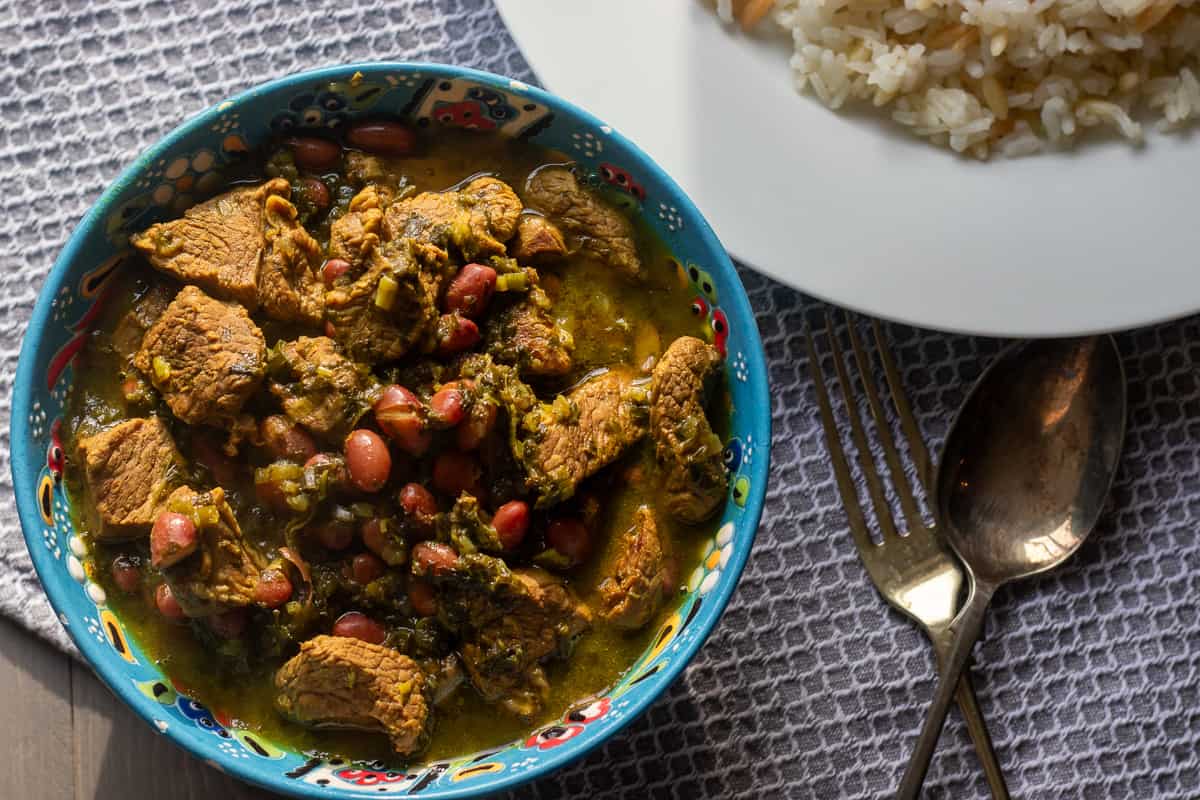 ghormeh sabzi served with Turkish rice