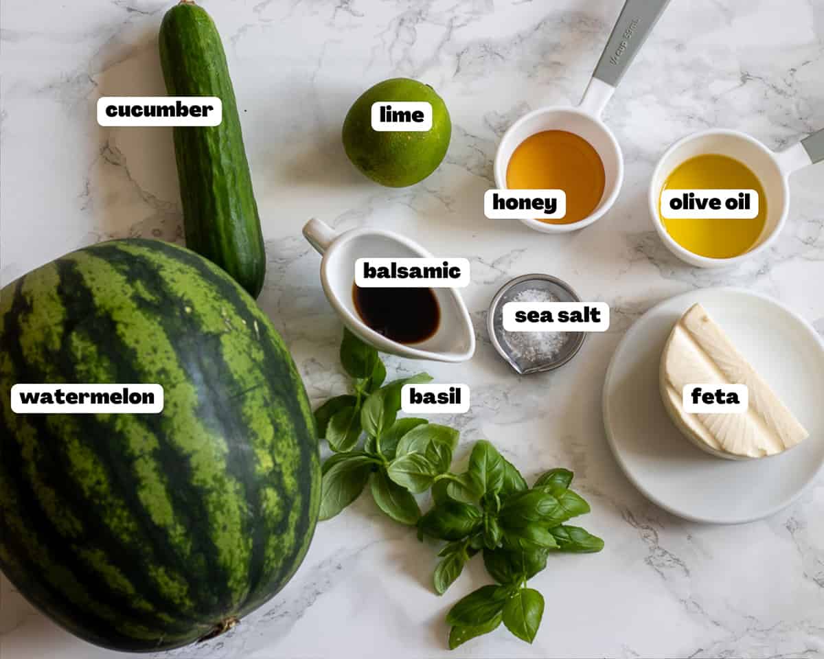 labelled picture of ingredients for watermelon basil salad