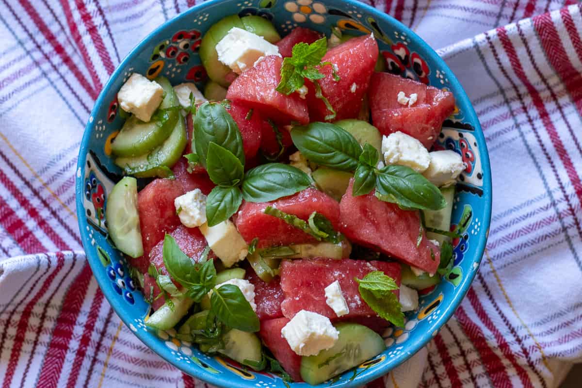 Watermelon and cucumber salad with feta cheese