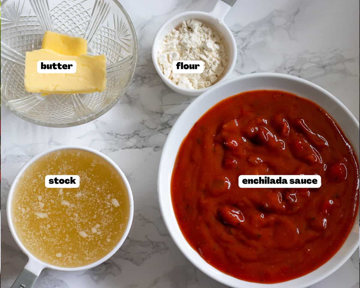 Labelled picture of ingredients for wet burrito with ground beef recipe