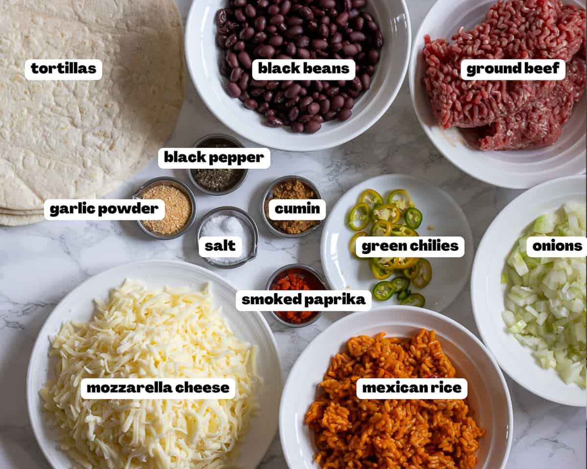 Labelled picture of ingredients for Wet Burrito Recipe with Ground Beef