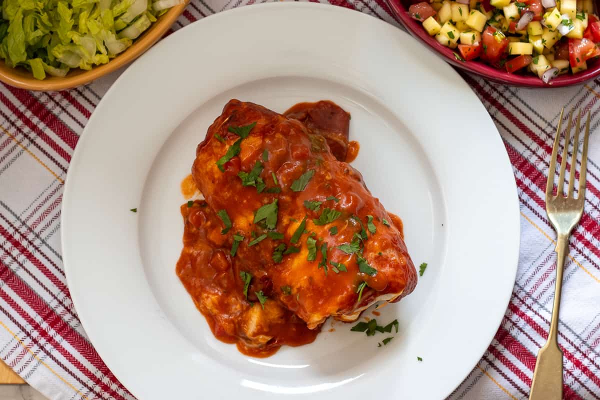 a piece of wet burrito served on a white plate
