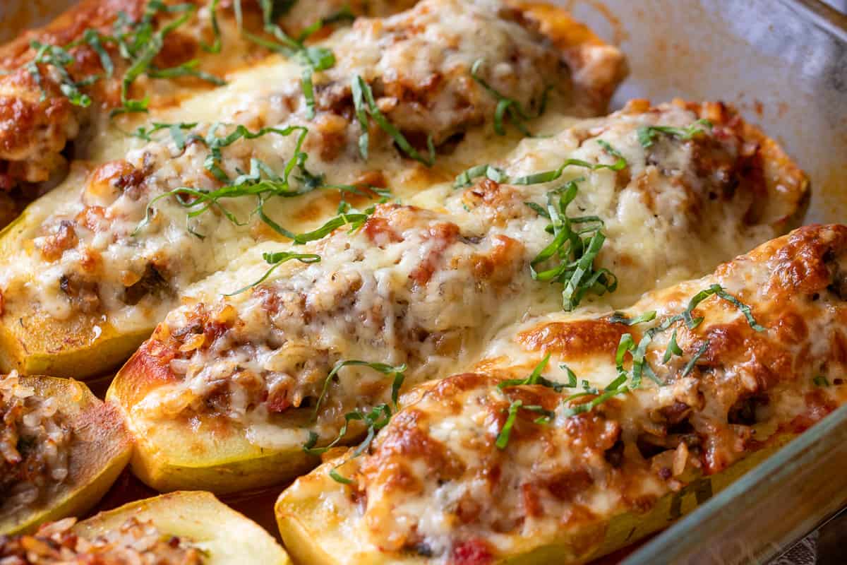 3 pieces of ground beef stuffed zucchini