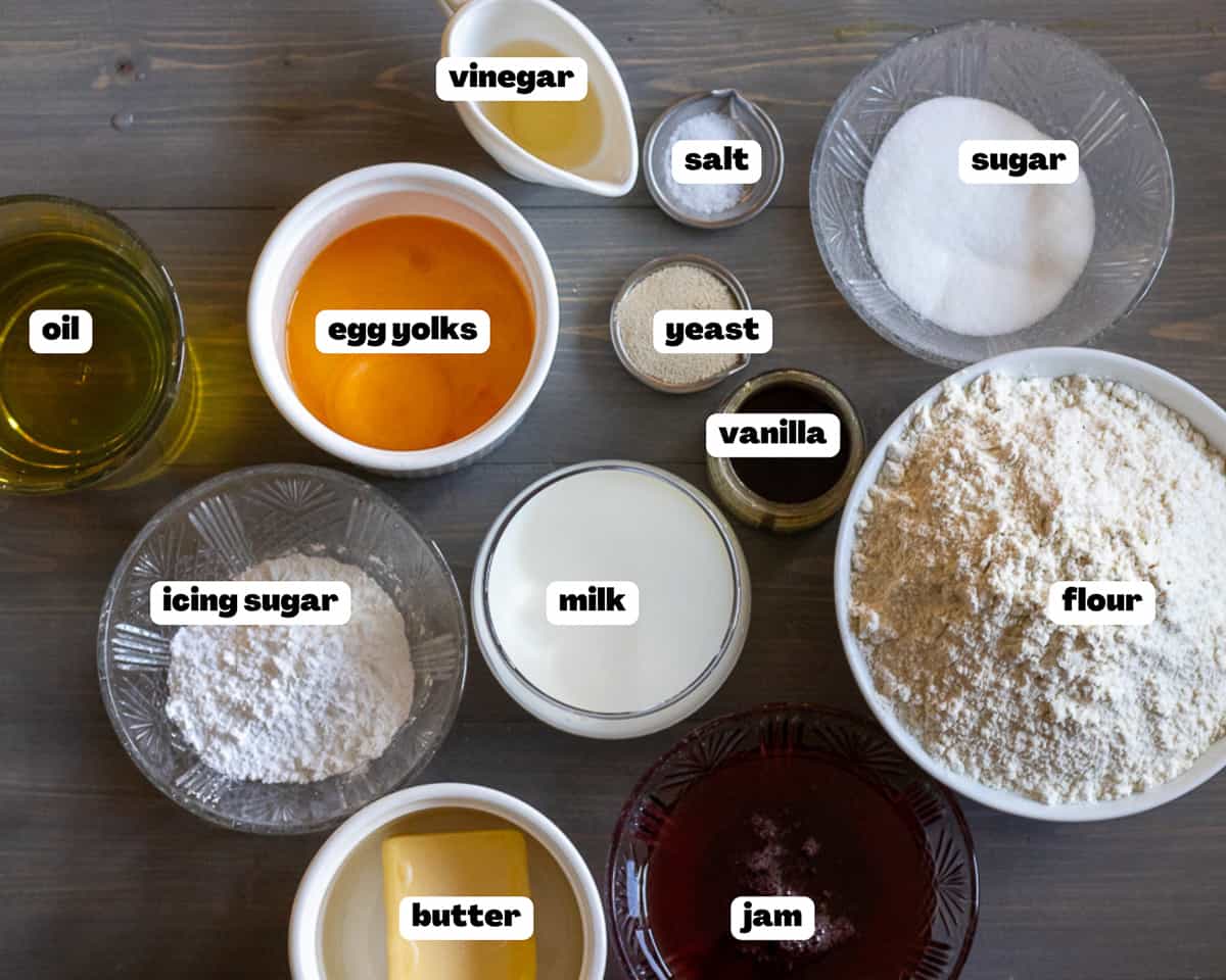 Labelled picture of ingredients for Berliner doughnuts