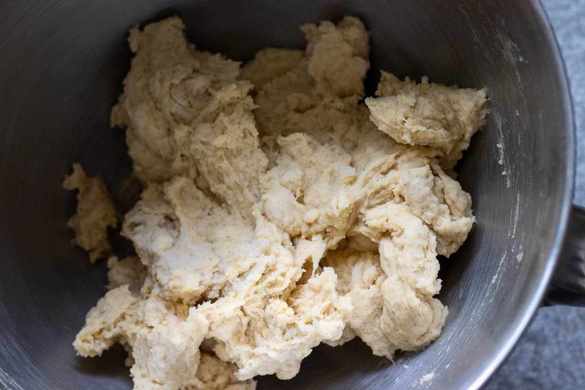 a dough has been formed with flour, sugar, salt, yeast, milk, vinegar, and egg yolks