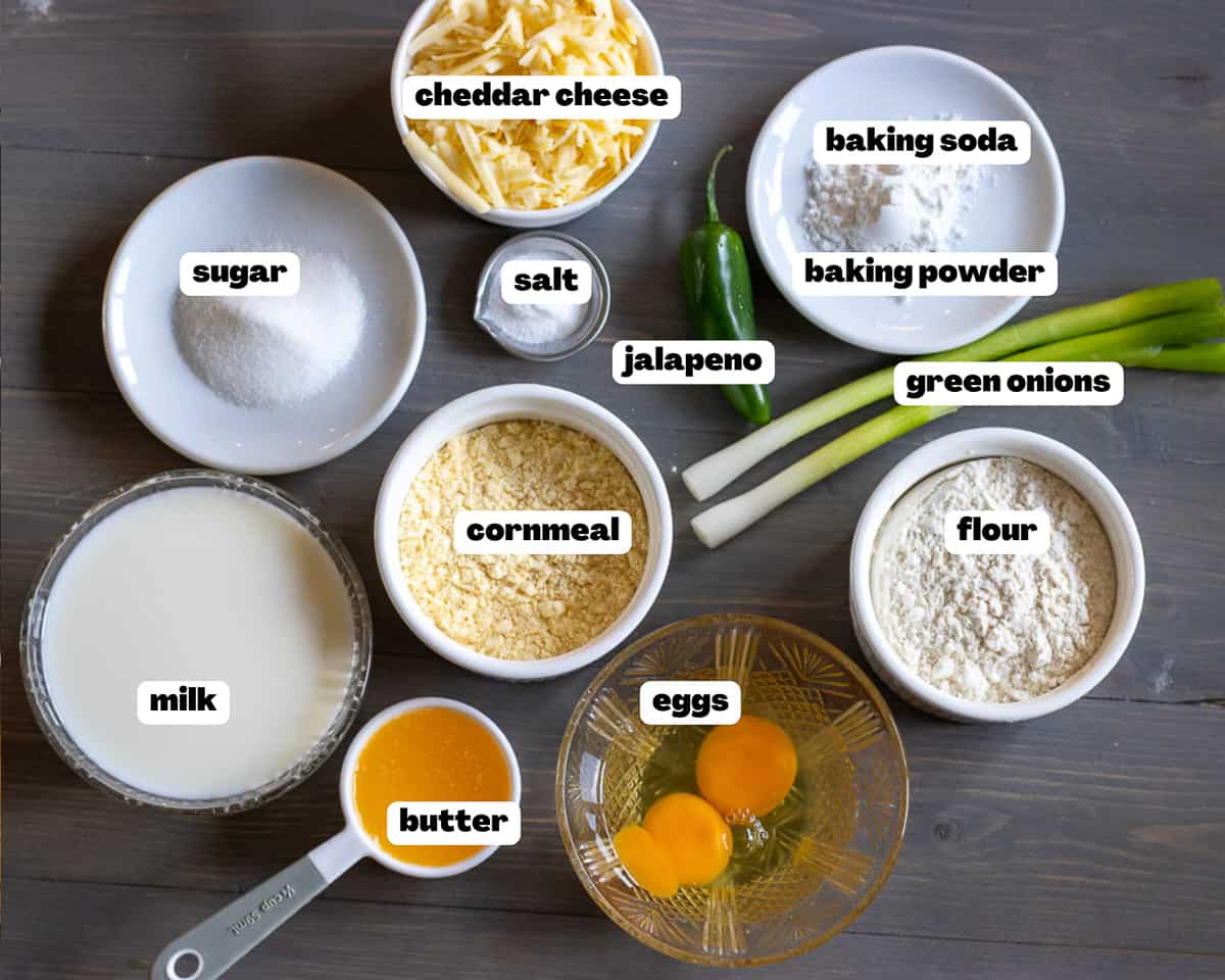 labelled picture of ingredients for Mexican cornbread