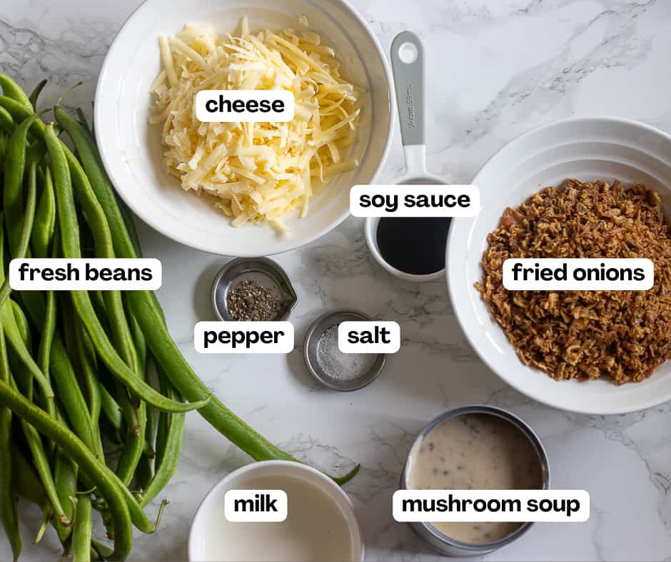 Labelled picture of ingredients for green bean casserole