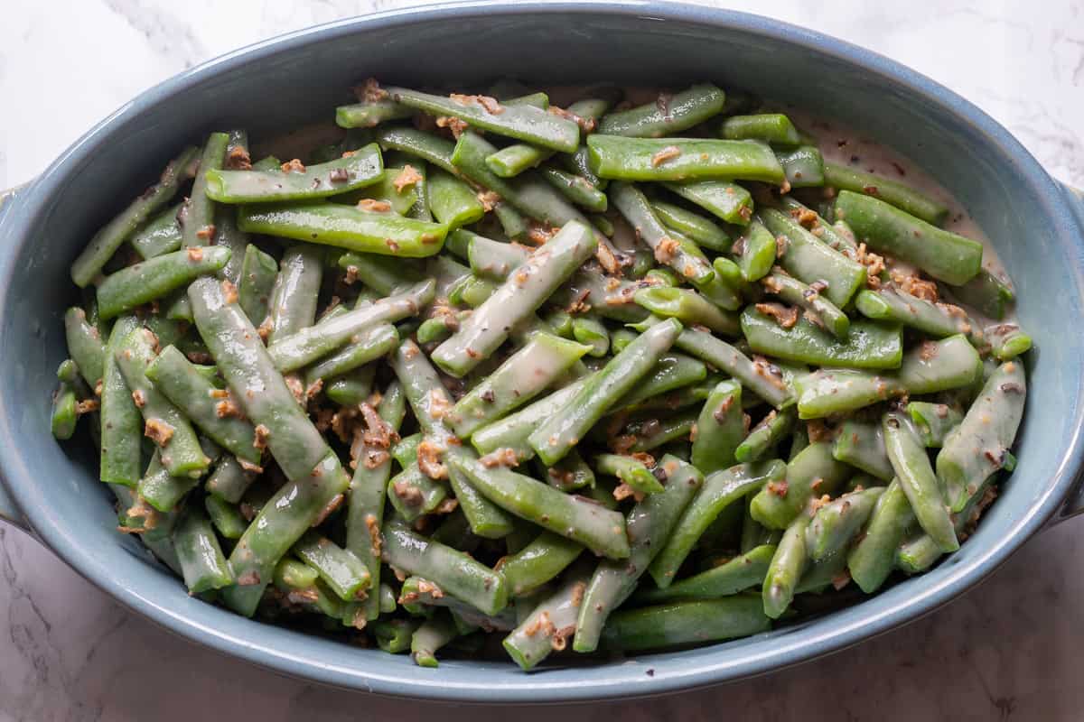 green beans are placed in a baking dish