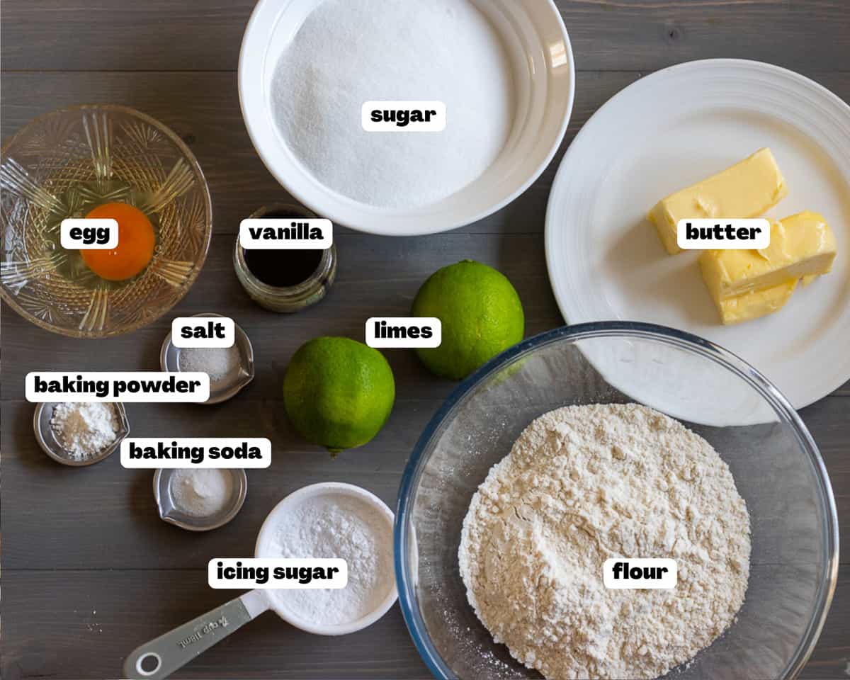 labelled picture of ingredients for key lime cookies