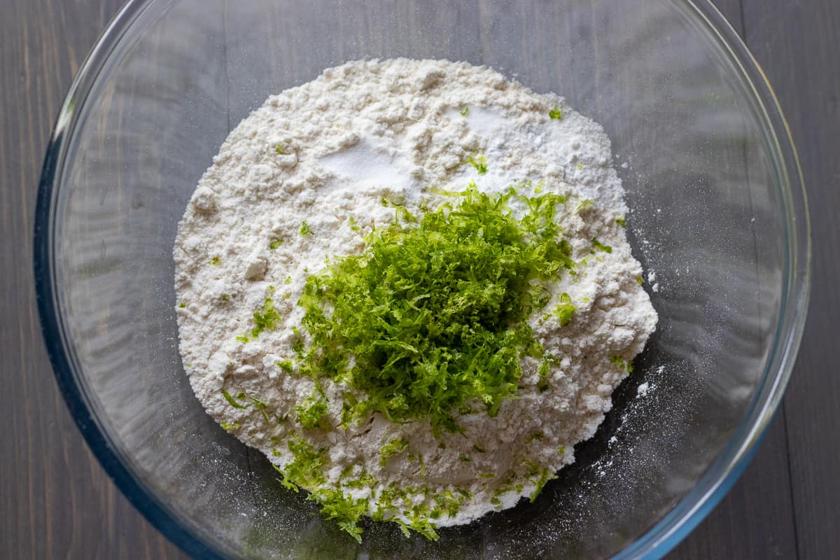 dry ingredients for key lime cookies are placed in a bowl