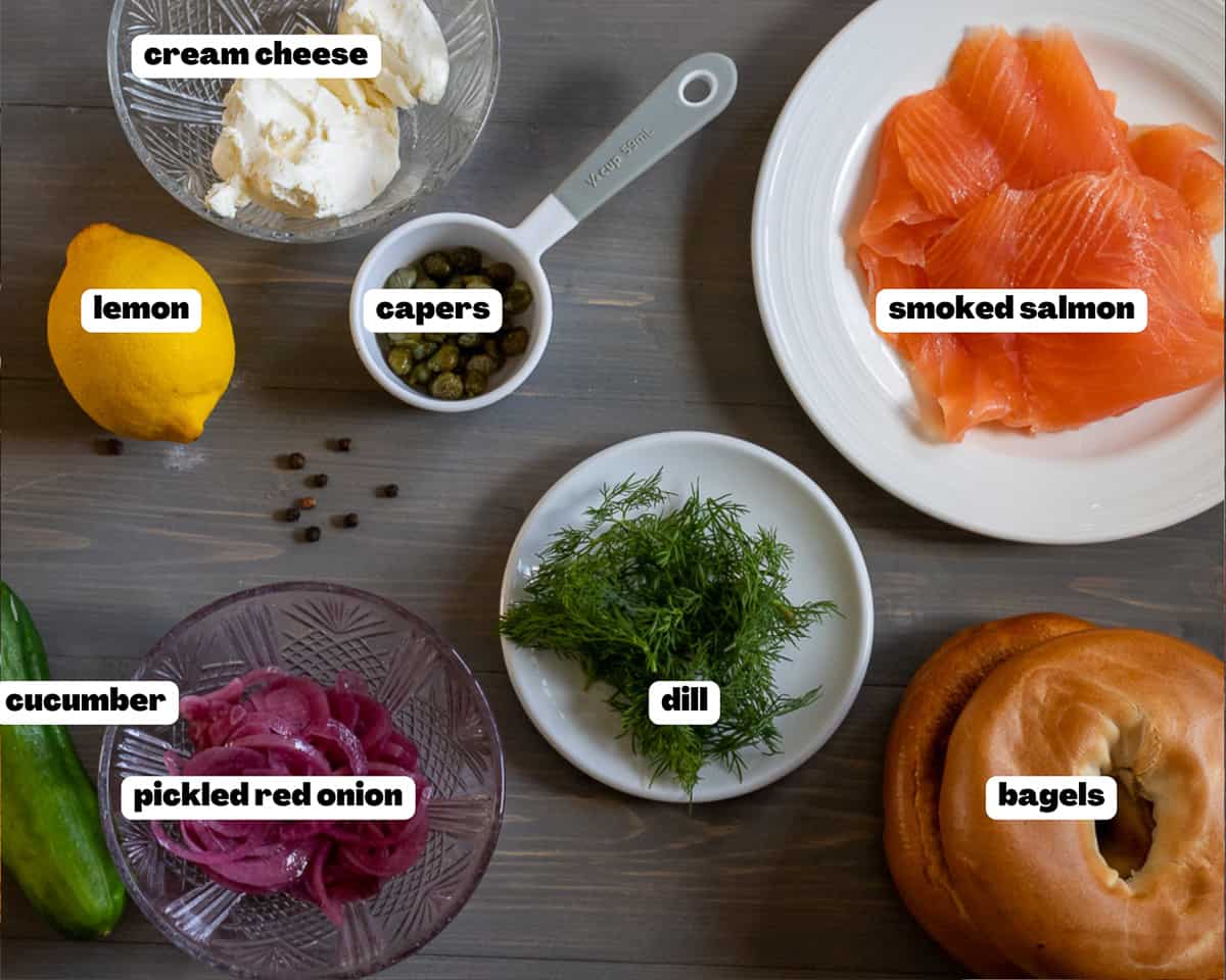 labelled picture of ingredients for lox bagel