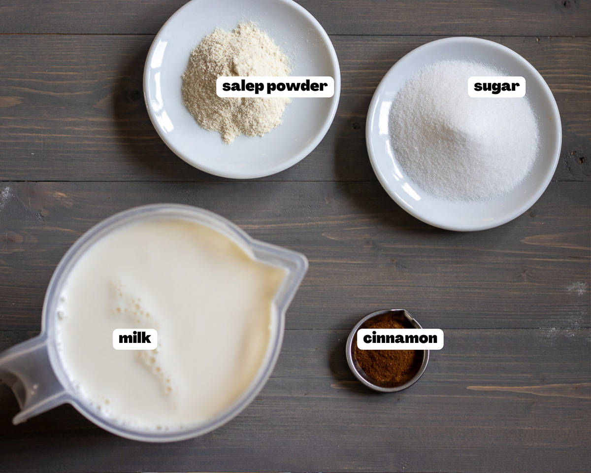 labelled picture of ingredients for salep - turkish hot milk drink sahlab