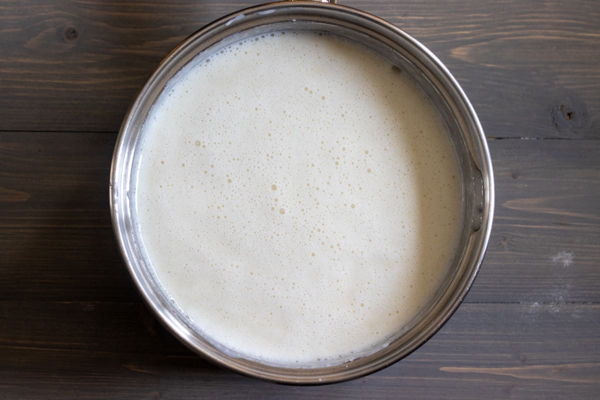 sugar and rest of the milk are added to the pan