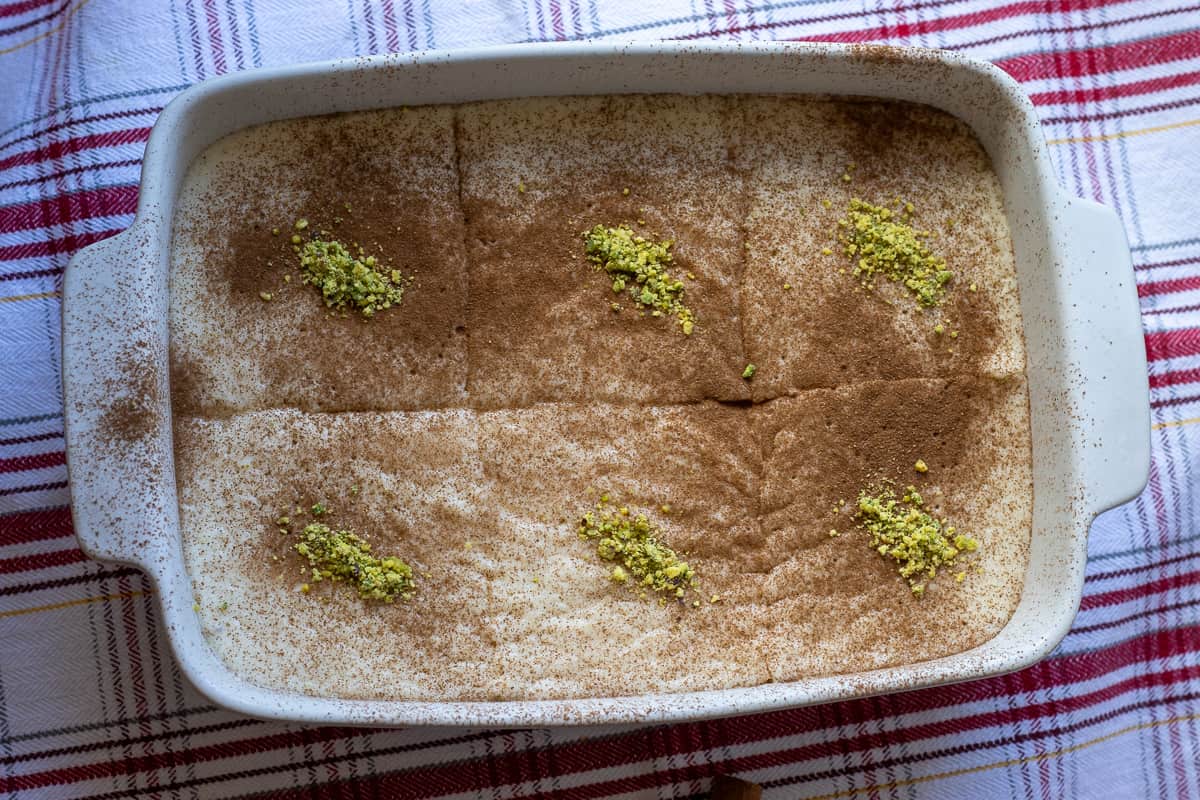 tavuk gogsu is portioned and garnished with cinnamon