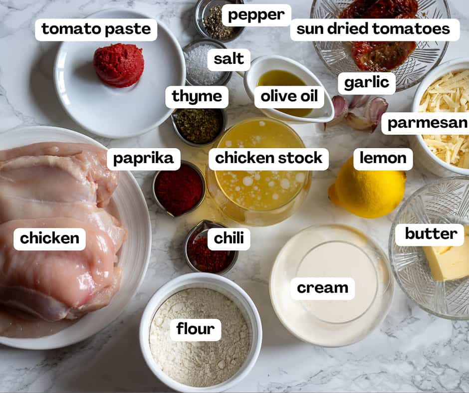 Labelled picture of ingredients for marry me chicken recipe