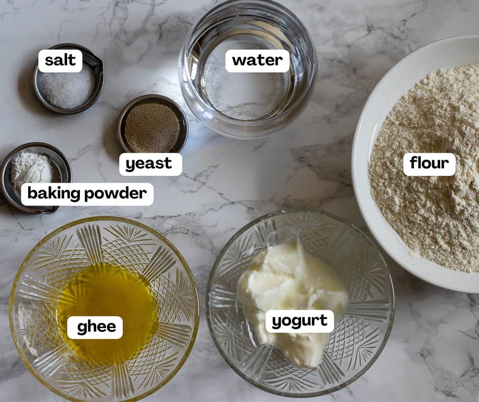 labelled picture of ingredients for sweet coconut peshwari naan bread