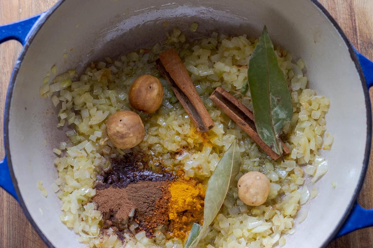 spices are added to the browned onions