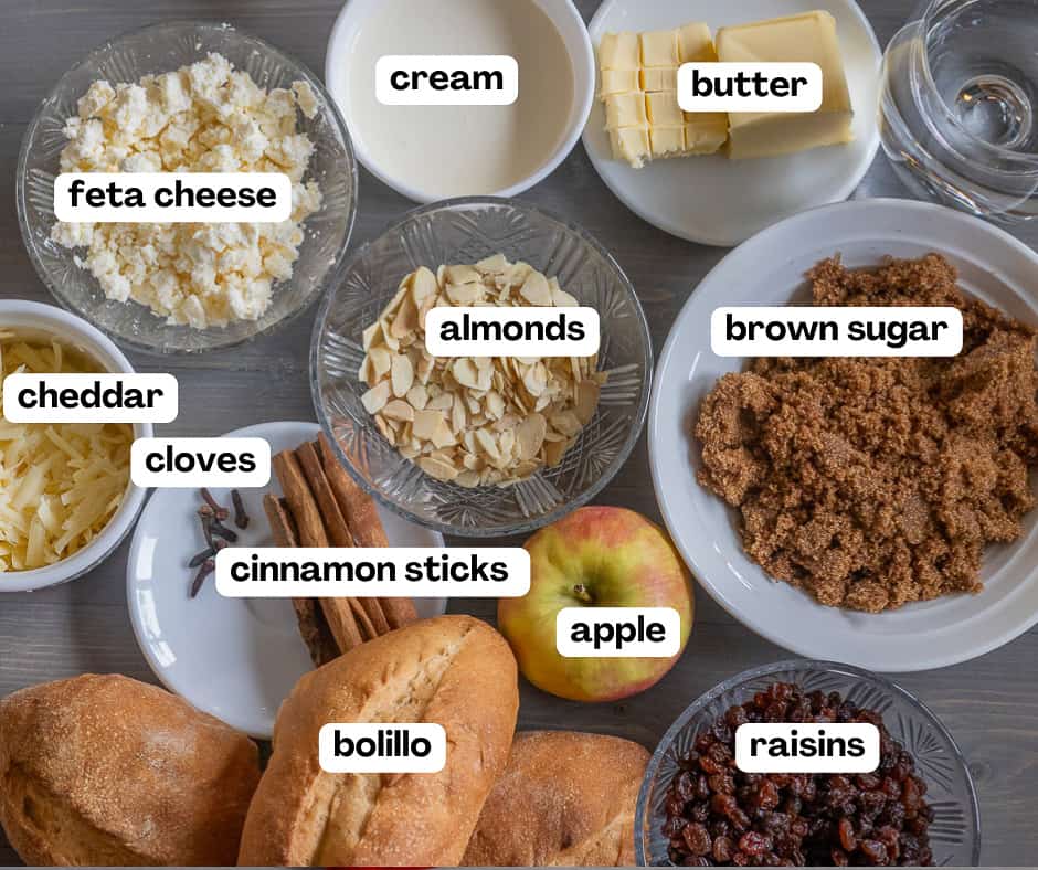 labelled picture of ingredients for capirotada