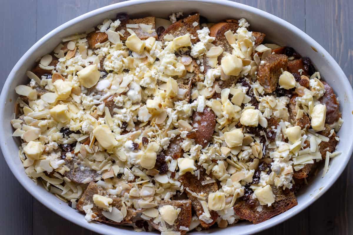 capirotada - Mexican bread pudding is layered and ready to bake