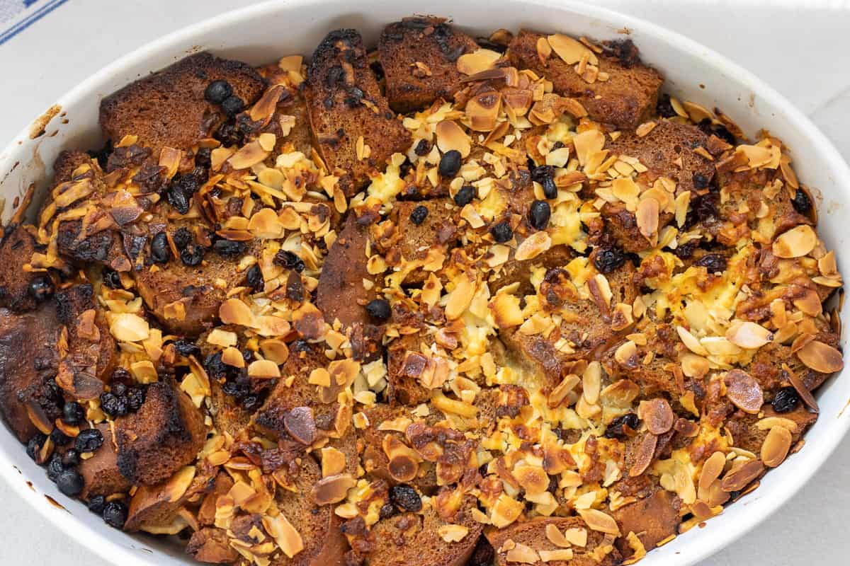 freshly bakes capirotada in a baking dish