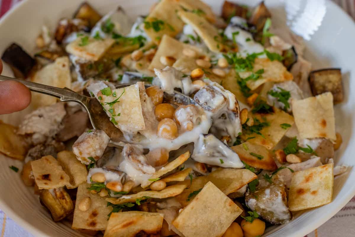 chicken and eggplant fatteh served freshly made