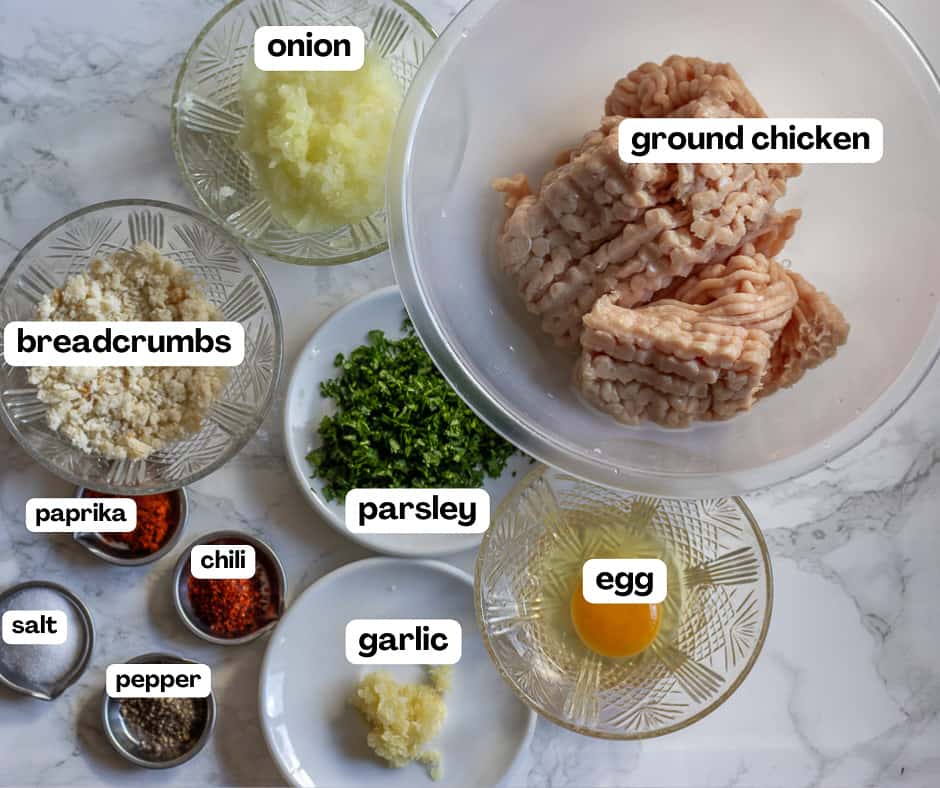 labelled picture of ingredients for chicken kofta recipe