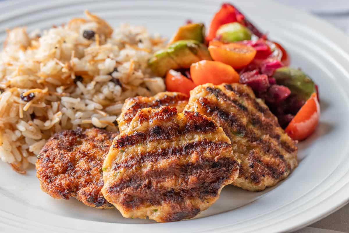 4 pieces of chicken kofta served with Lebanese rice and salad