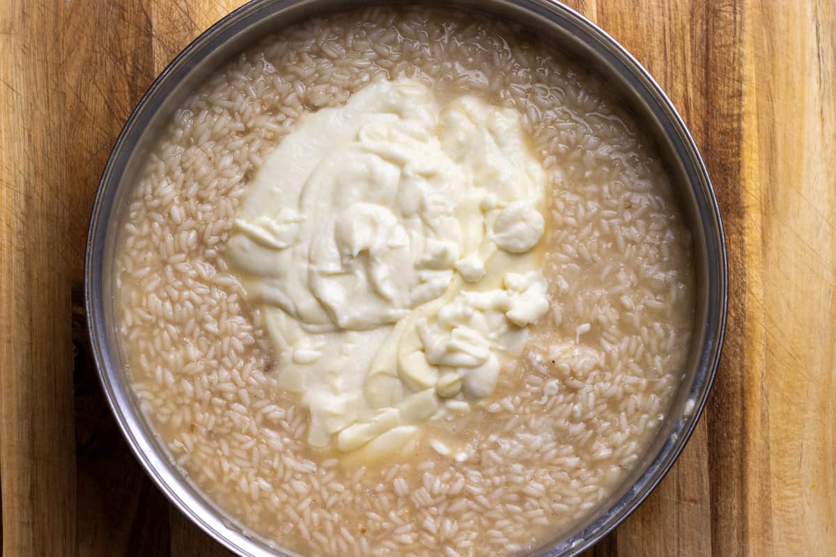 cauliflower pure and mascarpone cheese are added to risotto