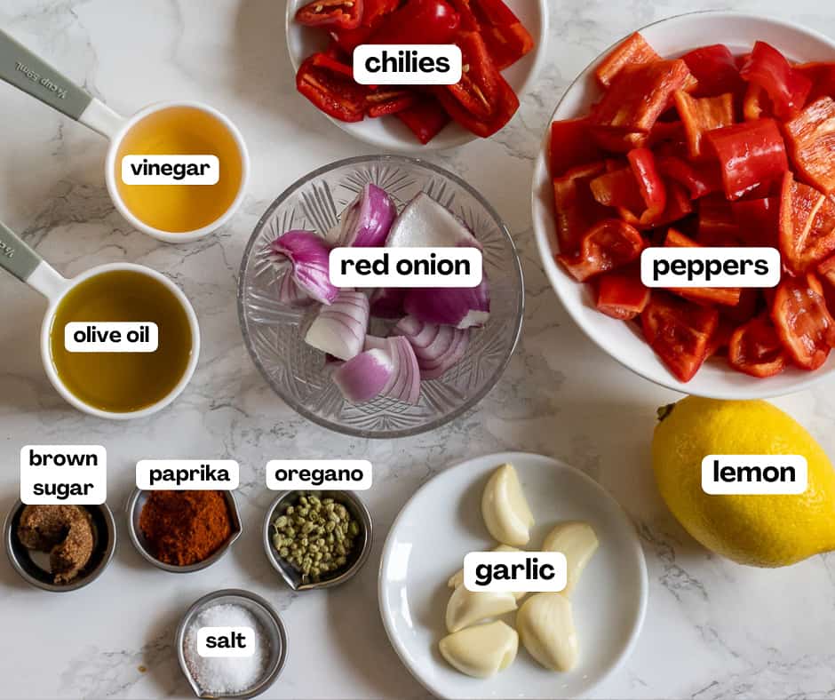 labelled picture of ingredients for peri peri chicken sauce