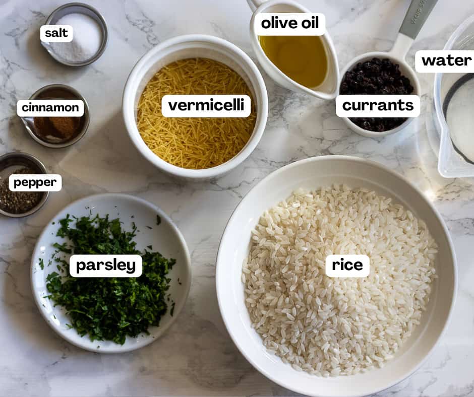 labelled picture of ingredients for Lebanese rice pilaf with vermicelli