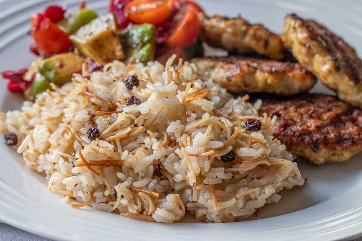 Lebanese rice served with koftas and salad