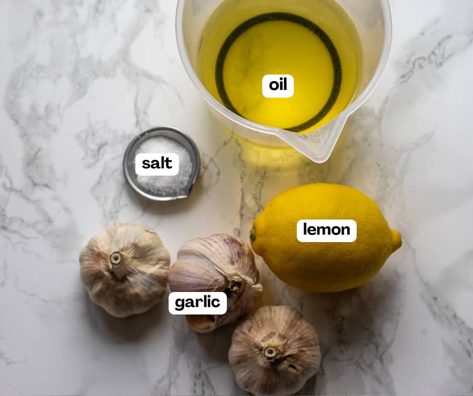 labelled picture of ingredients for tour - Lebanese garlic sauce