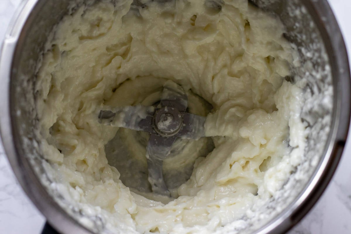 toum sauce is ready in a food processor