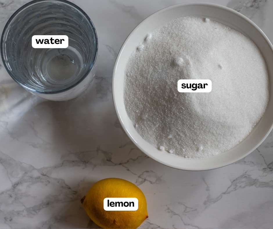 labelled picture of ingredients for tulumba dessert syrup