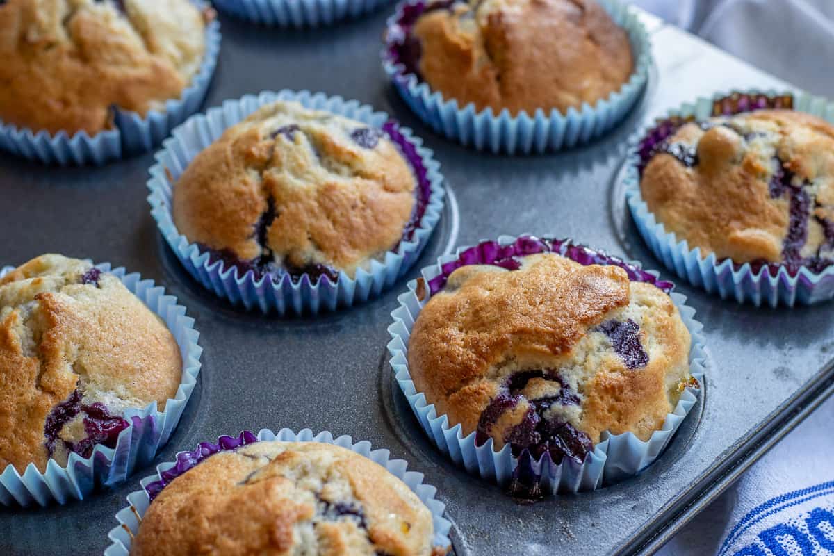freshly baked banana blueberry muffins in a muffin tin