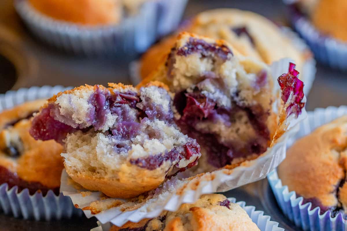 banana blueberry muffin teared in half