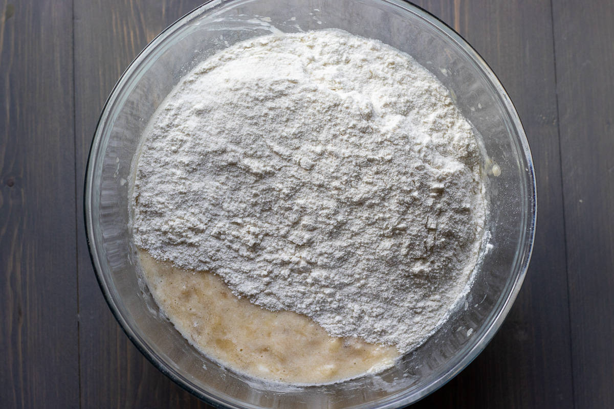 flour and salt are added to wet ingredients