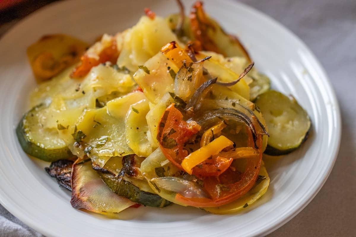 colourful greek roasted vegetables served on a plate