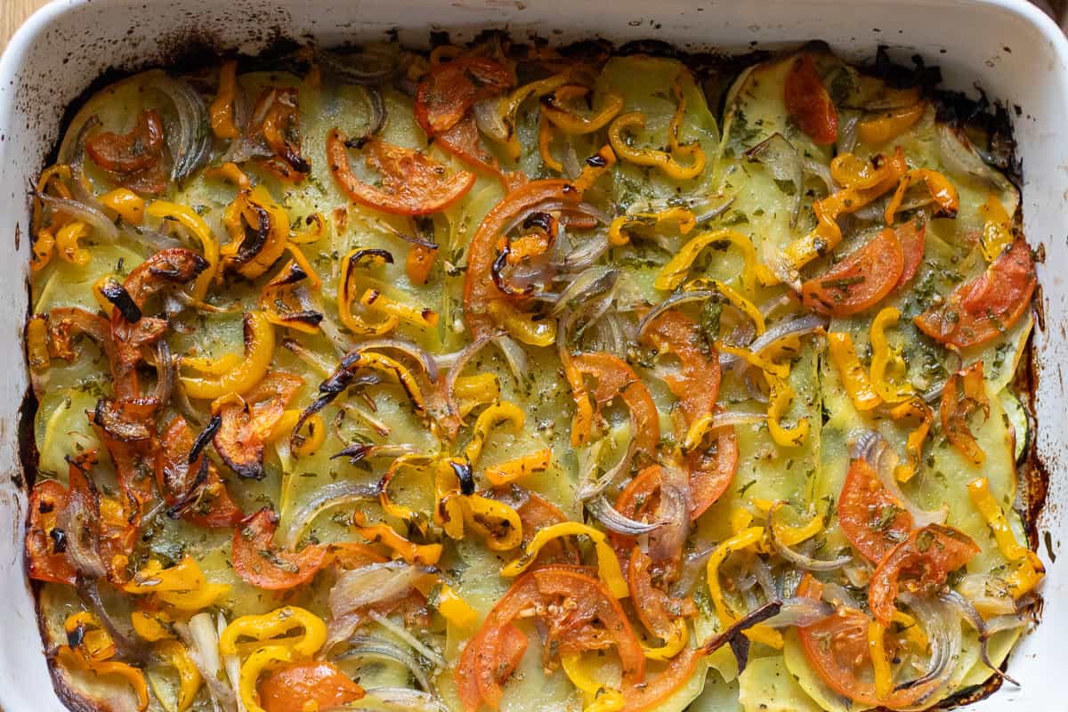 roasted Greek vegetables in a baking dish
