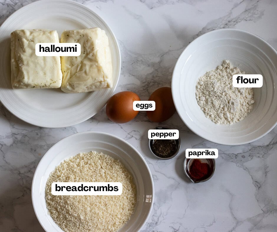 labelled picture of ingredients for extra crispy halloumi fries