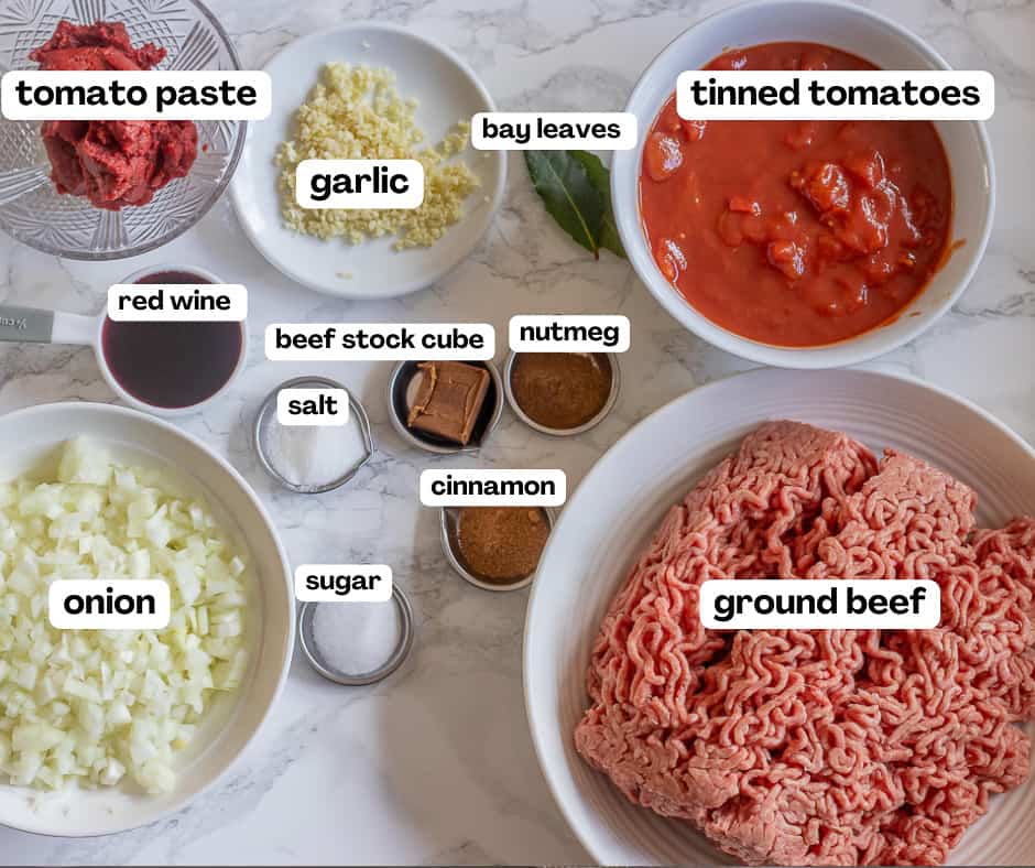 labelled picture of ingredients for pastitsio meat ragu