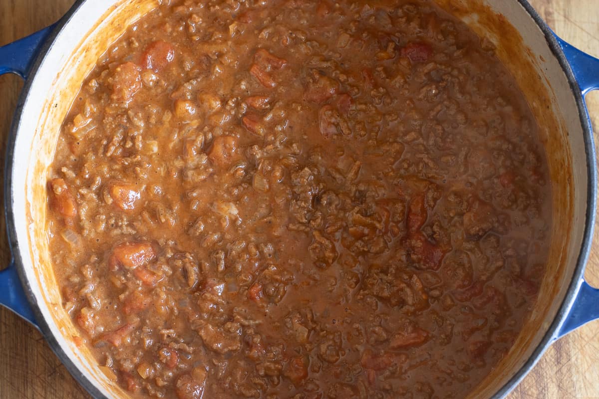 meat sauce is cooked and ready to use for pastitsio recipe