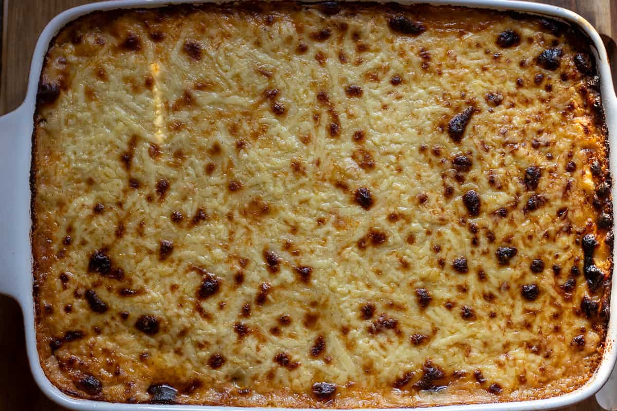 pastitsio - Greek lasagna is baked until golden brown