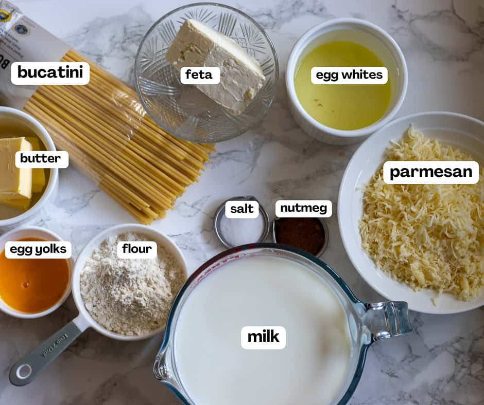 labelled picture of ingredients for greek lasagna béchamel sauce