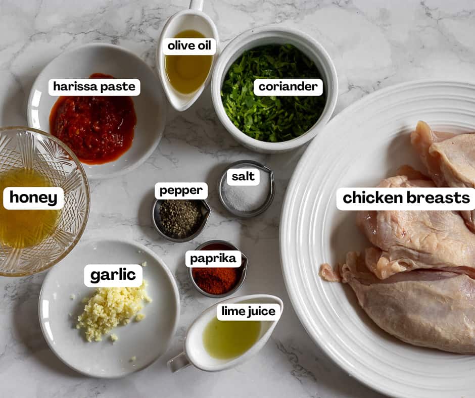 labelled picture of ingredients for harissa chicken
